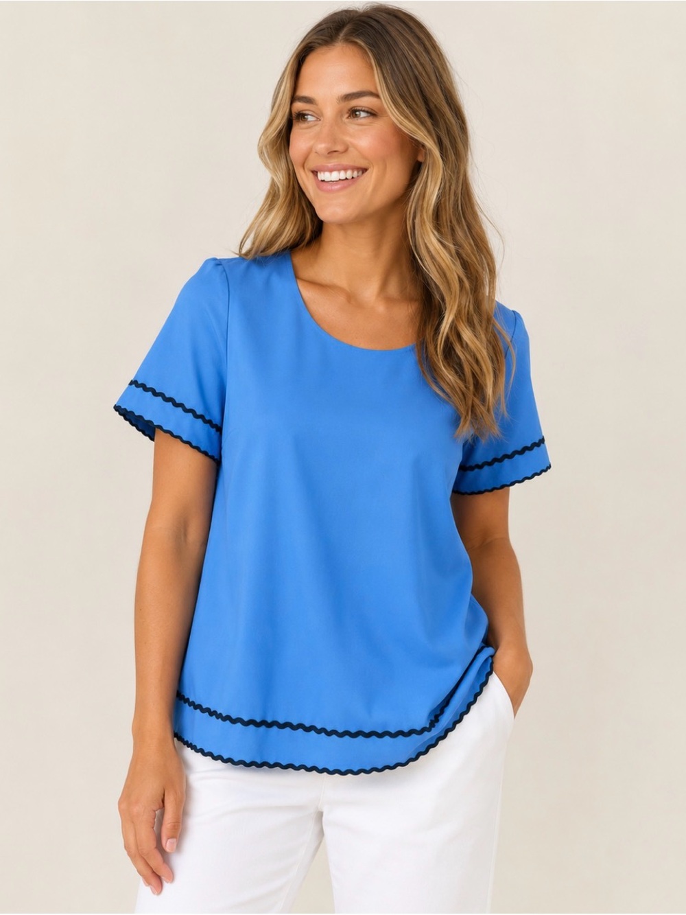 Tulip B Women’s Short Sleeve Scoop Neck Top in Bright Blue with Black Trim